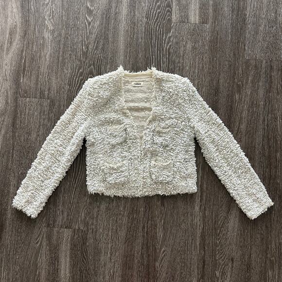 EUC L’AGENCE Cream Bouclé Tweed Open Front Frayed Jacket Sz 8 Silk Blend Cropped - Picture 14 of 16
